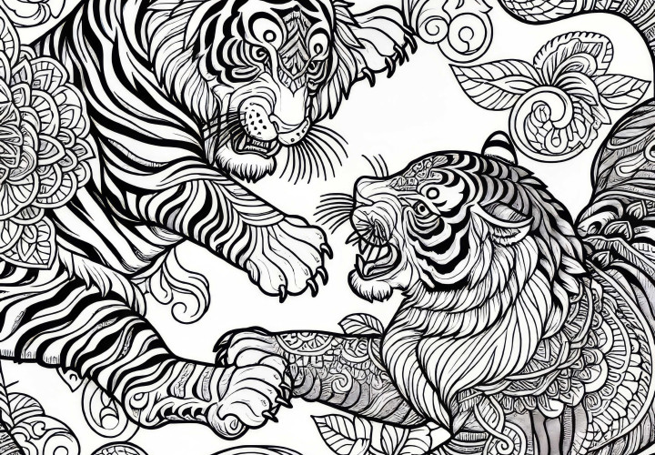 Tigre en combate: Plantilla para colorear para descargar (Gratis)