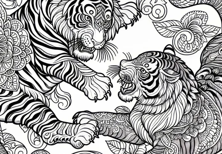 Тигр в бою: Рисунок для раскрашивания для загрузки (бесплатно)