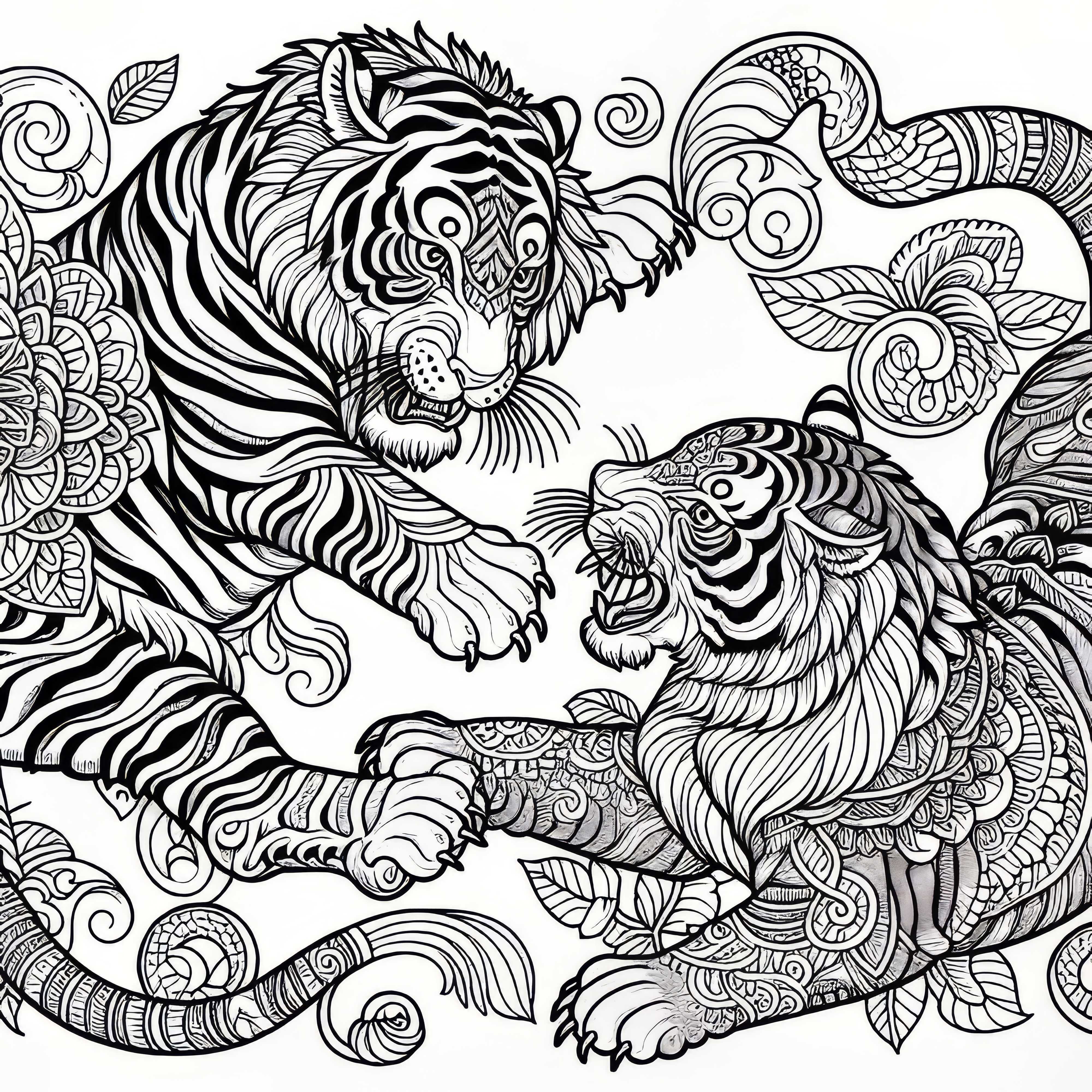Tigre en combate: Plantilla para colorear para descargar (Gratis)
