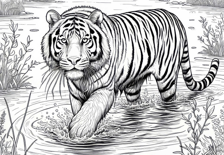 Tigre en el río poco profundo: Imagen para colorear para descargar (Gratis)