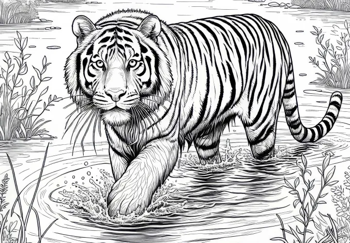 Тигр в мелкой реке: Раскраска для скачивания (Бесплатно)