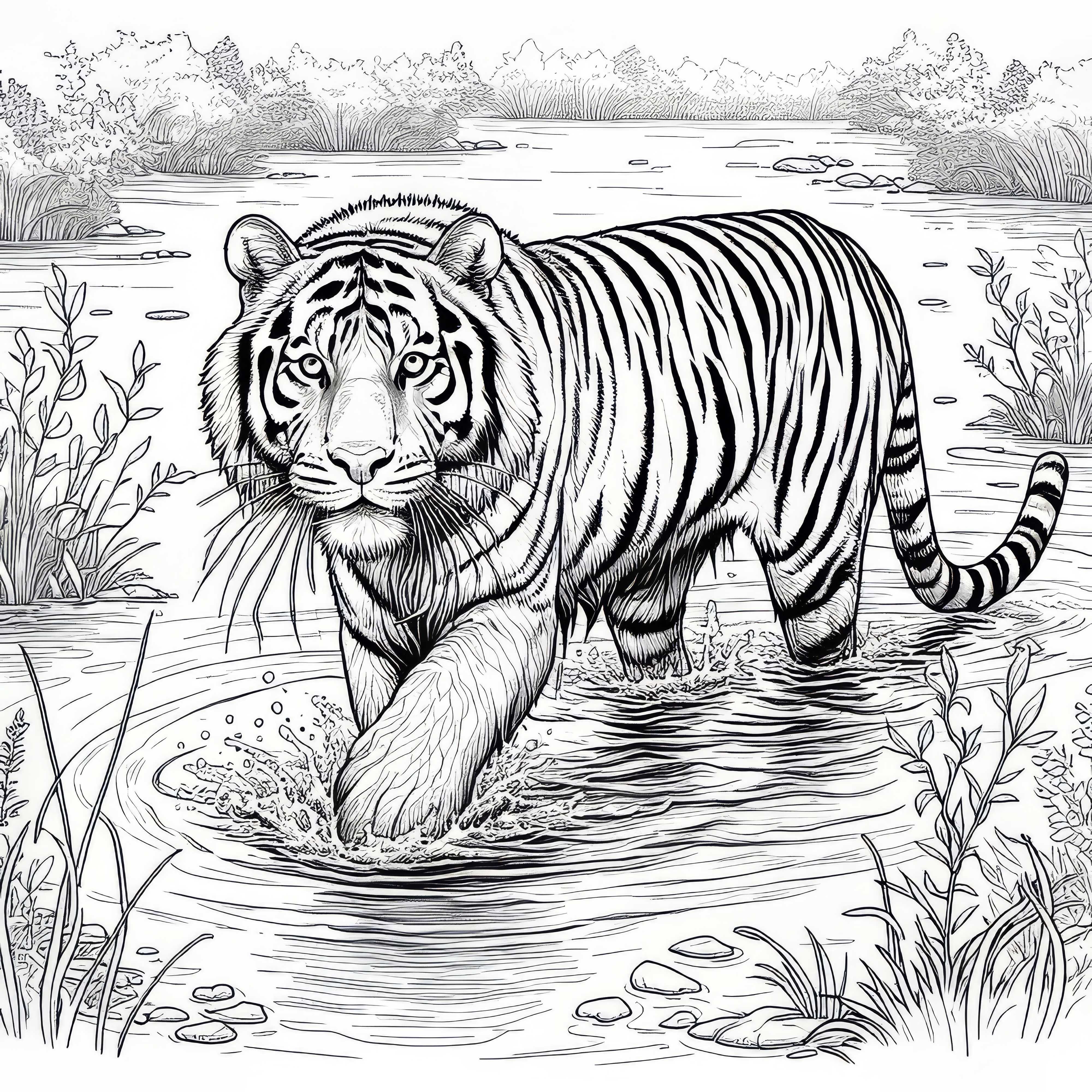 Tigre en el río poco profundo: Imagen para colorear para descargar (Gratis)