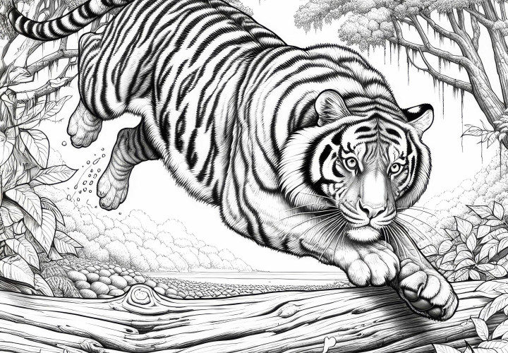 El tigre salta sobre un tronco: Imagen para colorear para descargar (Gratis) El tigre salta sobre un tronco: Imagen para colorear para descargar (Gratis)