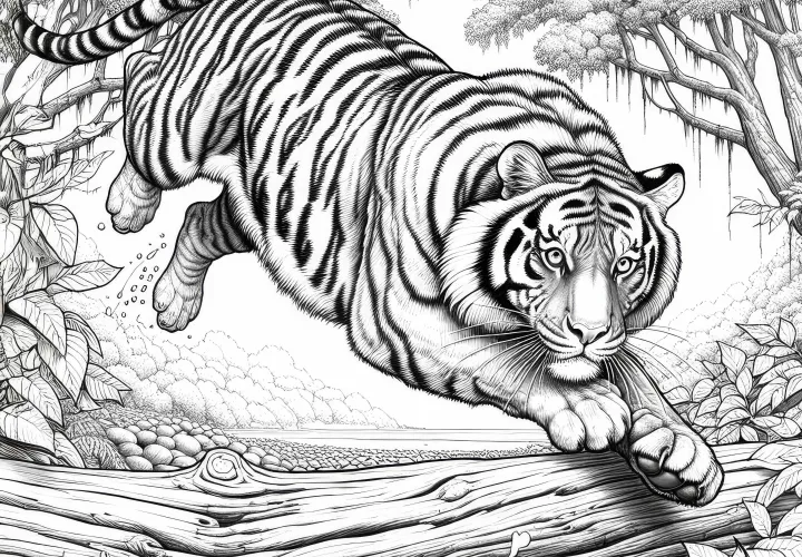 Тигр прыгает через бревно: Раскраска для загрузки (Бесплатно)