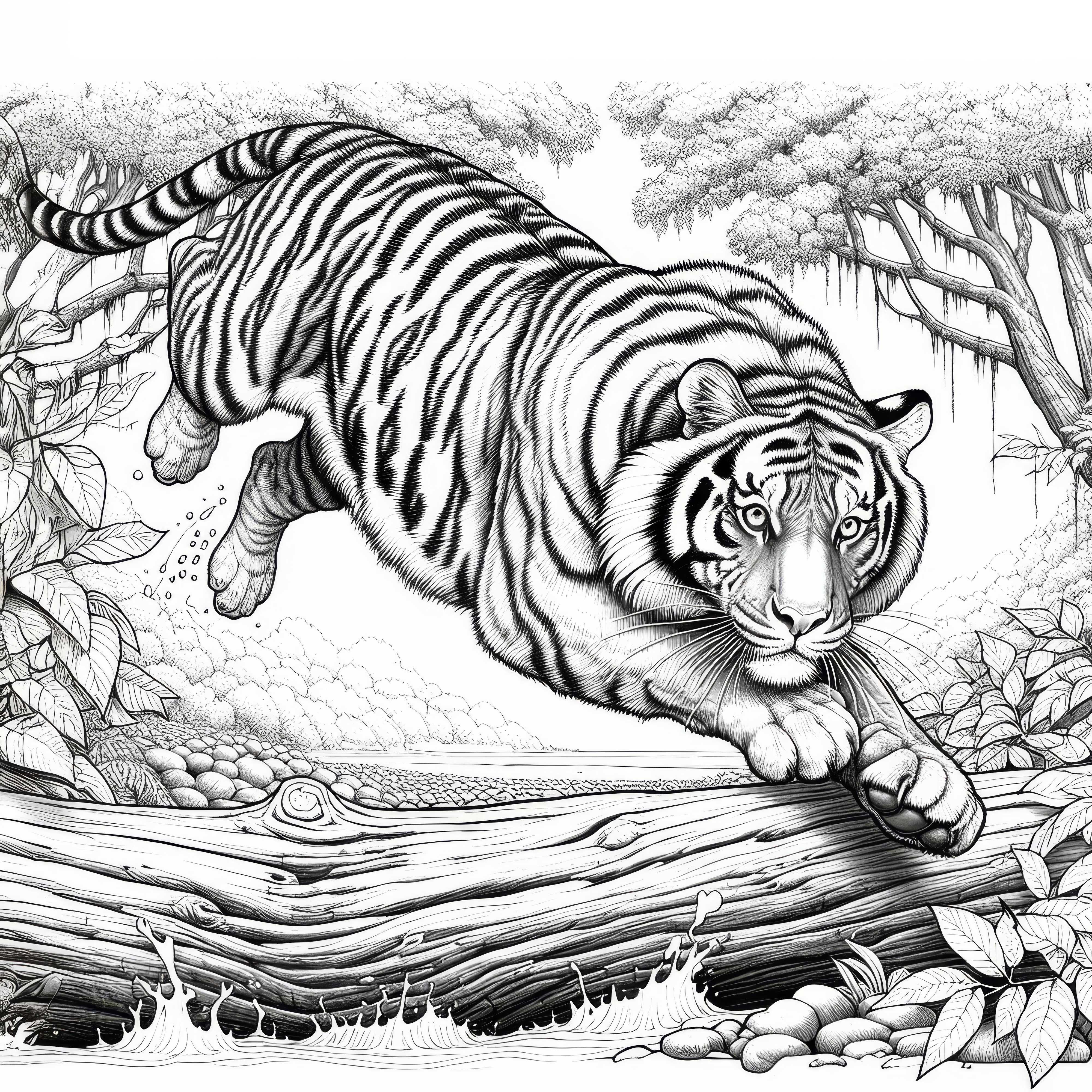 El tigre salta sobre un tronco: Dibujo para colorear para descargar (Gratis)