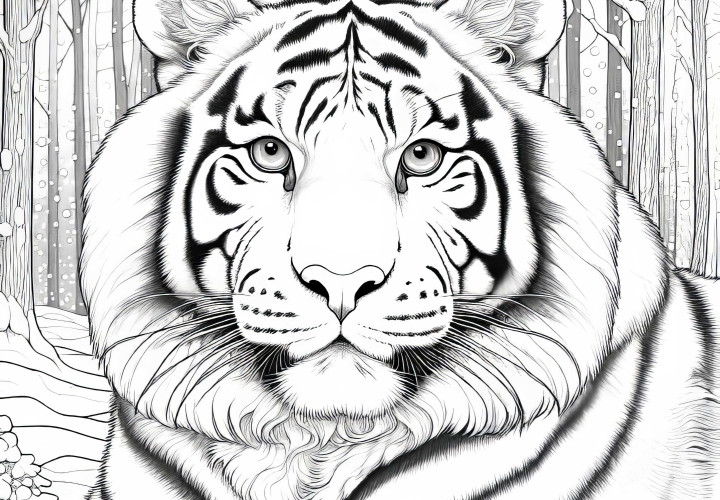 Tigre blanco en el bosque cubierto de nieve: Dibujo para colorear gratis Tigre blanco en el bosque cubierto de nieve: Imagen para colorear gratuita