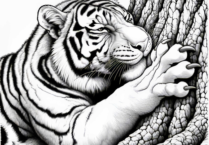El tigre afila sus garras en la corteza del árbol: Imagen para colorear gratuita El tigre afila sus garras en la corteza del árbol: Dibujo para colorear gratis