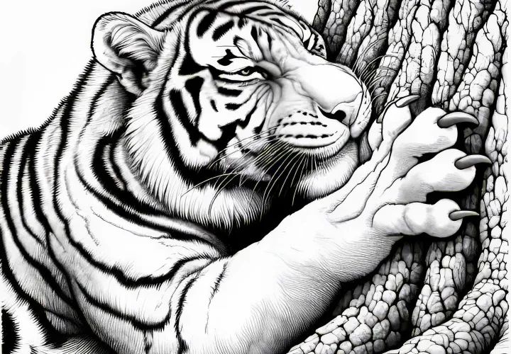 Тигр точит когти о кору дерева: Бесплатная раскраска