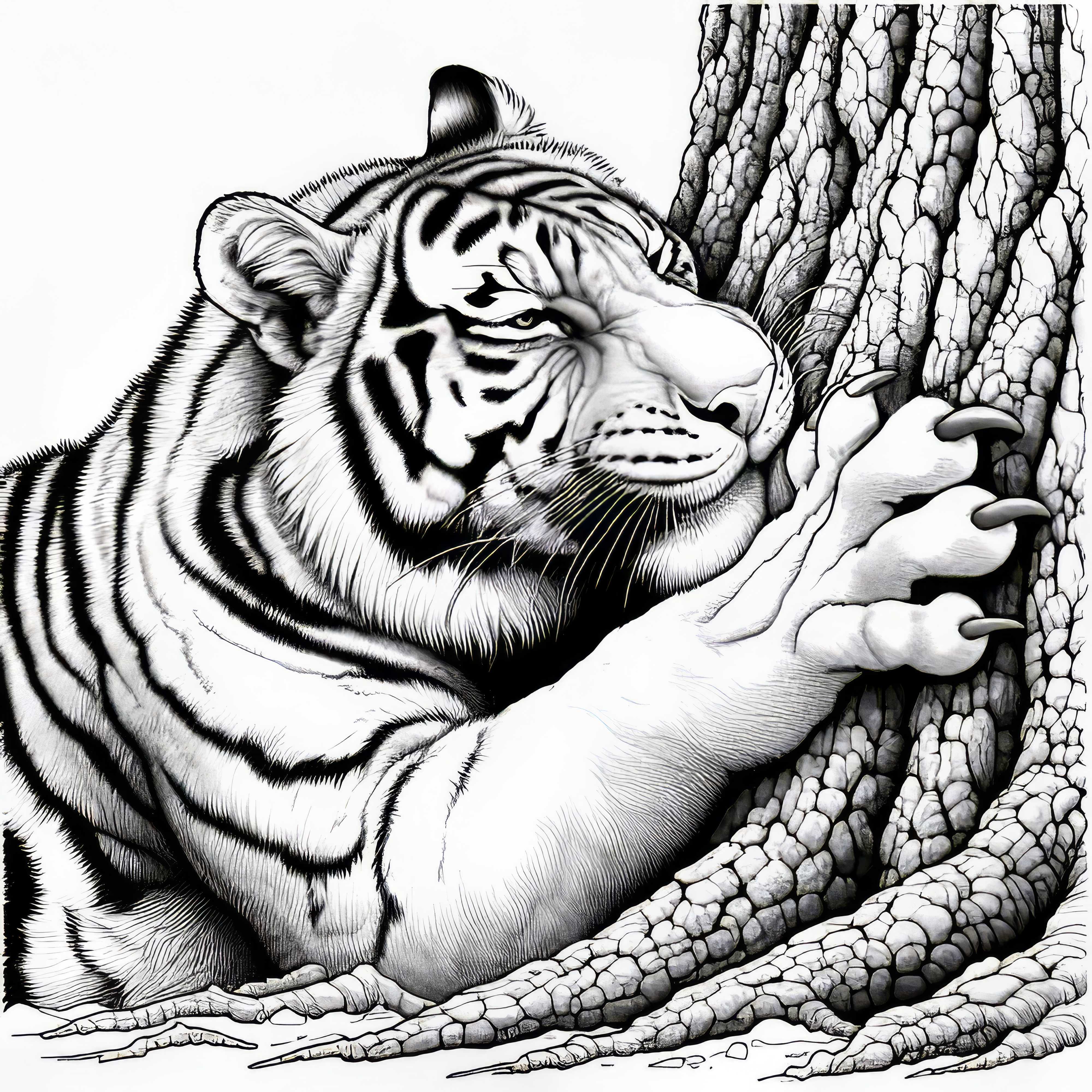 Tigre afila sus garras en la corteza de un árbol: Dibujo para colorear gratis