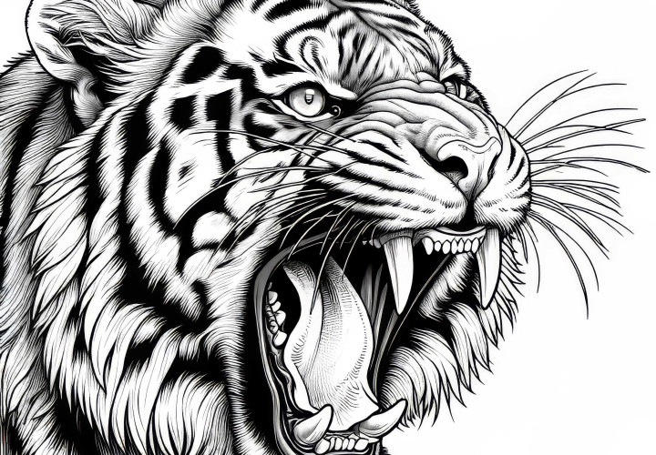 Tigre con dientes afilados: Plantilla para colorear detallada (Gratis)