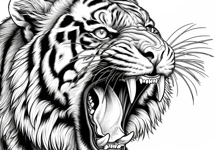 Тигр с острыми зубами: Детализированная раскраска (Бесплатно)