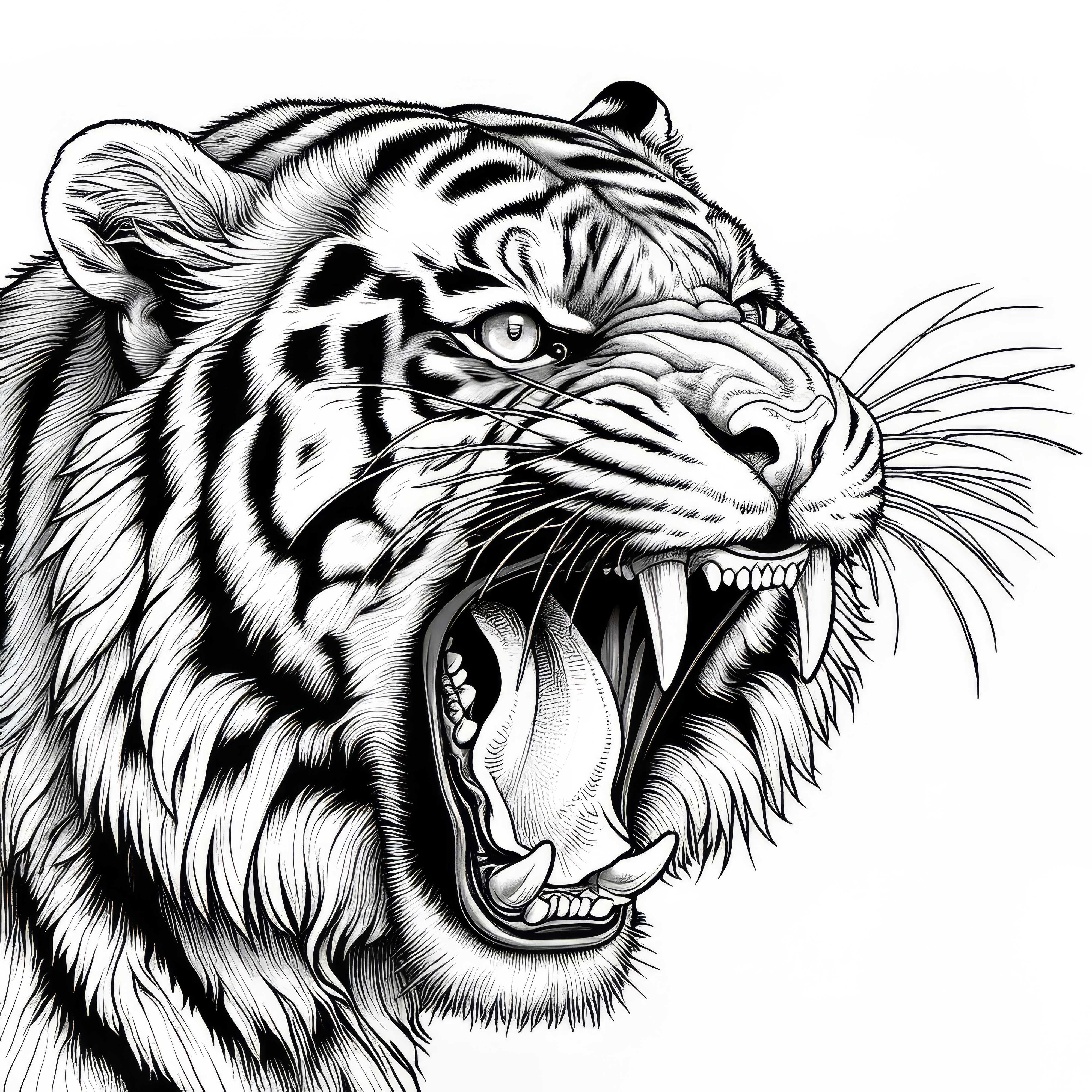 Tigre con dientes afilados: Plantilla de dibujo detallada (Gratis)