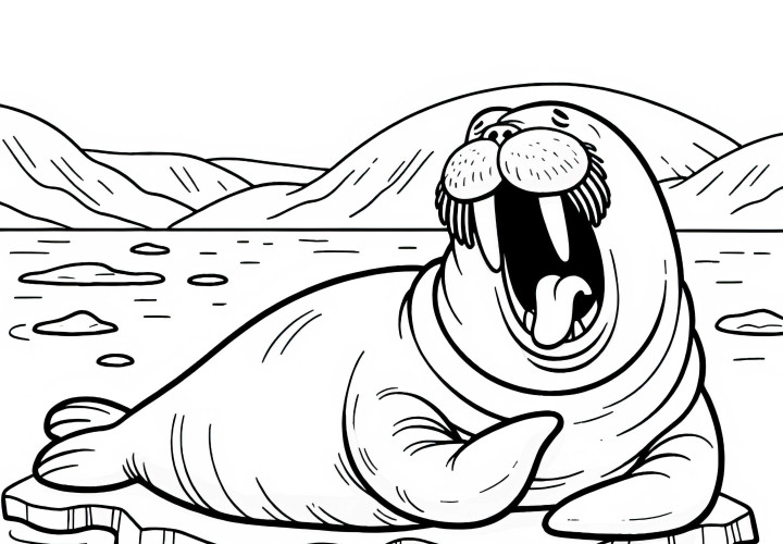 Walrus lies lazily on an ice floe and yawns with its mouth open – free coloring page