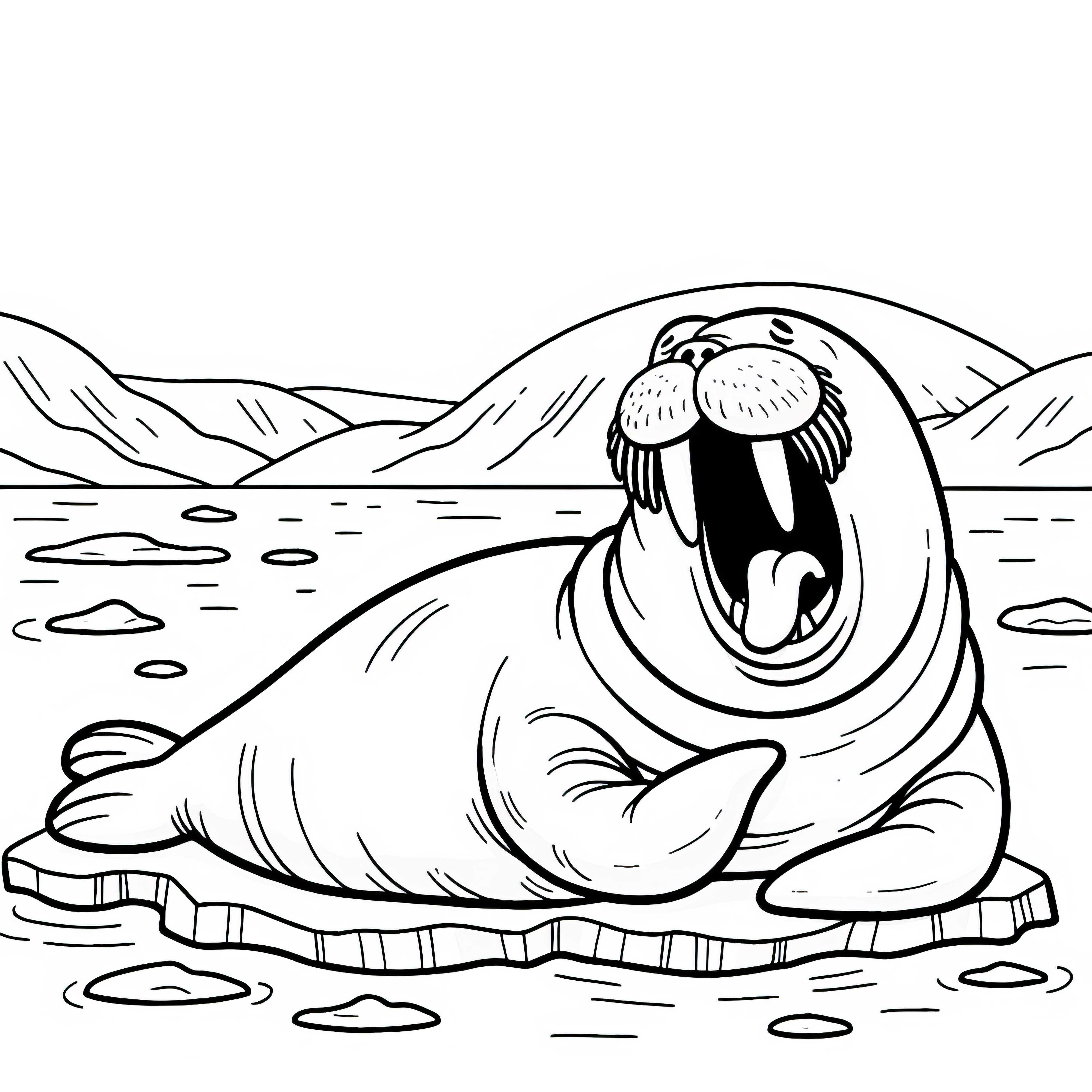 Walrus lies lazily on an ice floe and yawns with its mouth open - free coloring page The walrus lies lazily on an ice floe and yawns with its mouth open – free coloring template