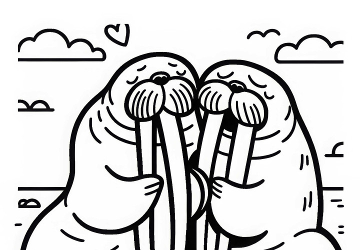 Two walruses are rubbing their long tusks against each other – simple coloring page free of charge