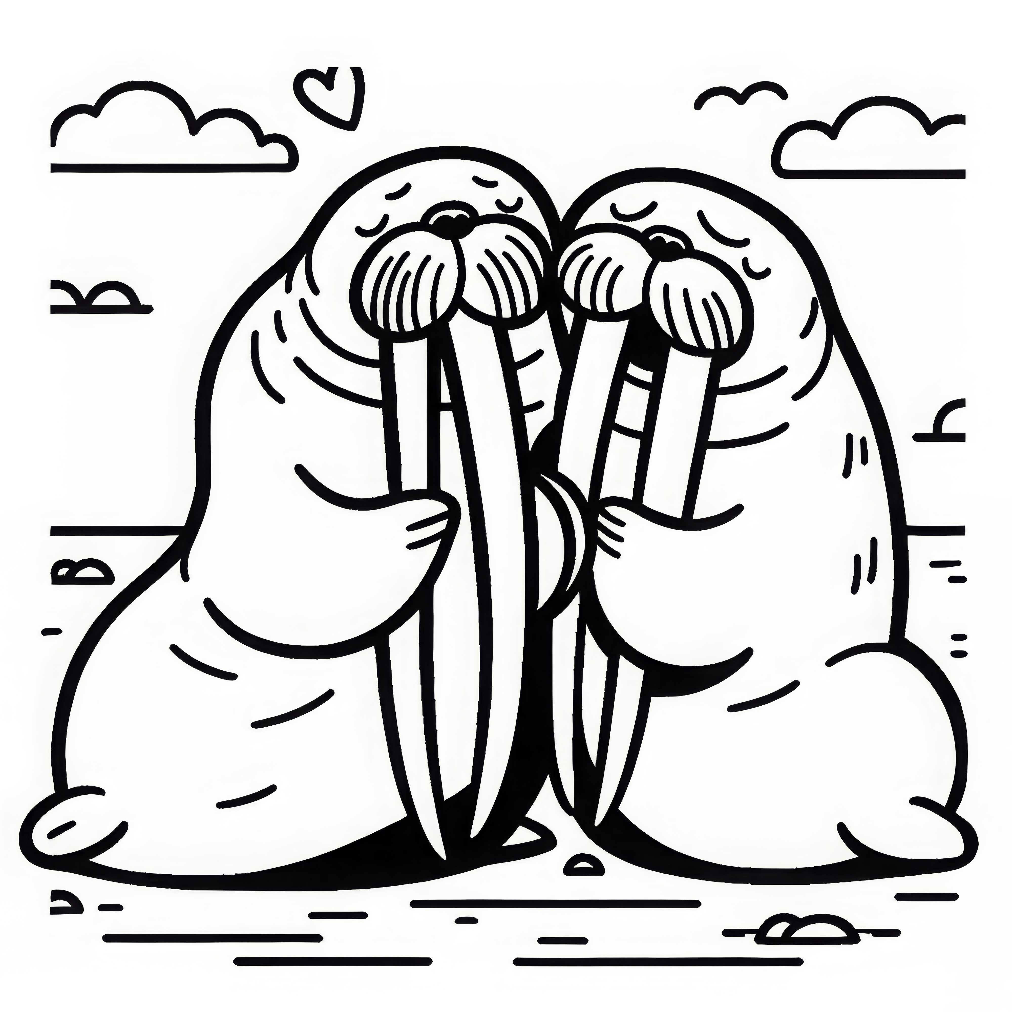 Dva mroži si třou své dlouhé kly o sebe – jednoduchá omalovánka zdarma Dva mroži si třou své dlouhé ivice proti sobě – jednoduchá zdarma omalovánka