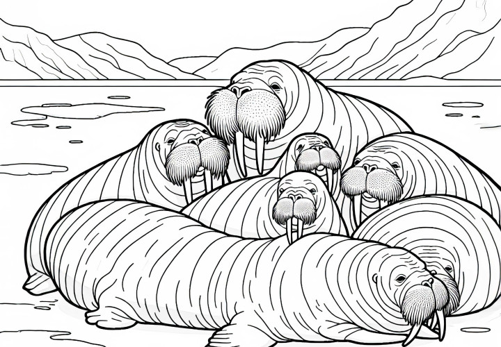 Group of walruses resting closely together – coloring page available for free download