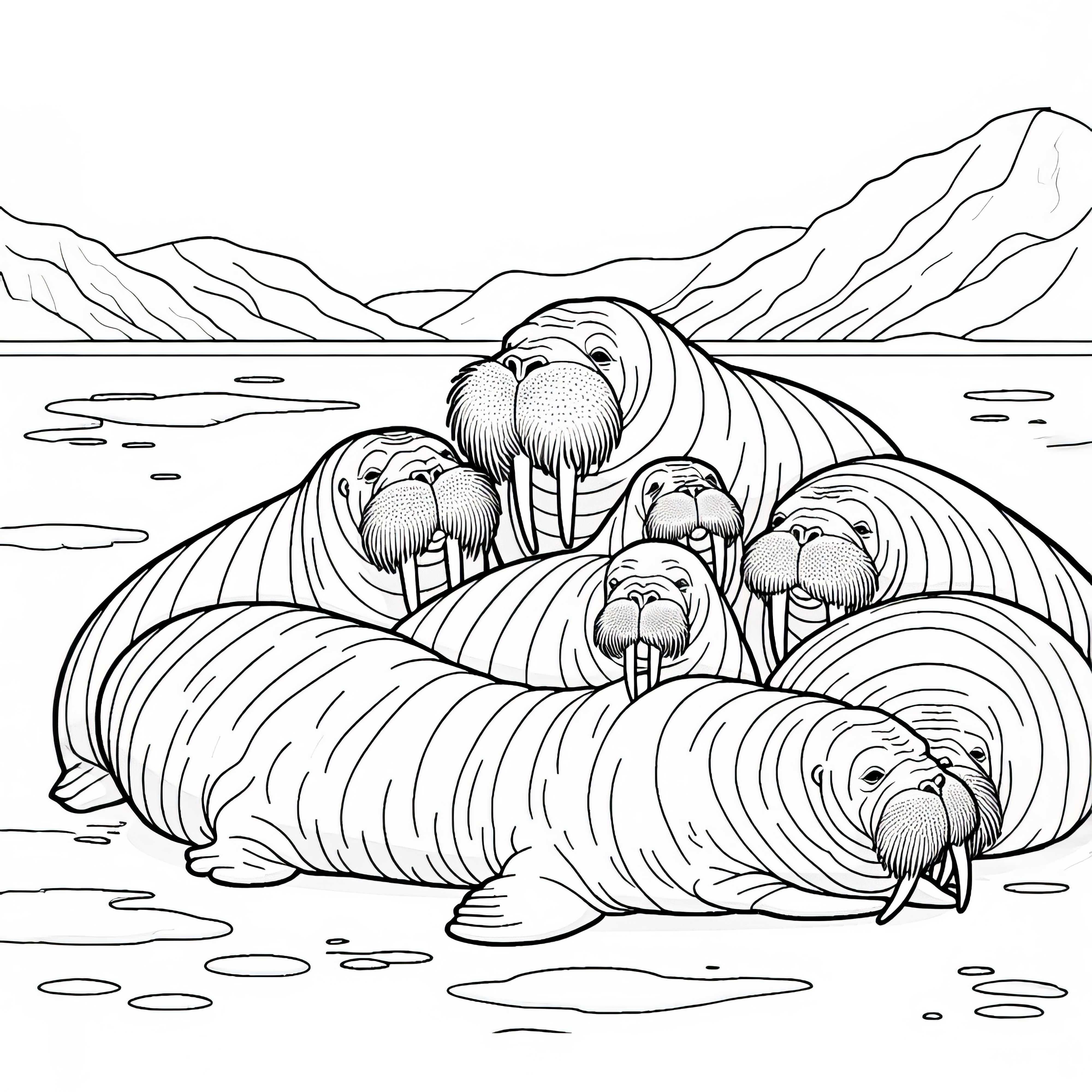 Group of walruses resting closely together - coloring page free to download Group of walruses resting close together – coloring page available for free download