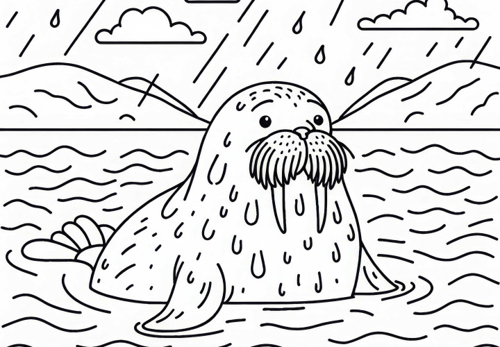 Walrus surfaces from the water - Coloring template easy free