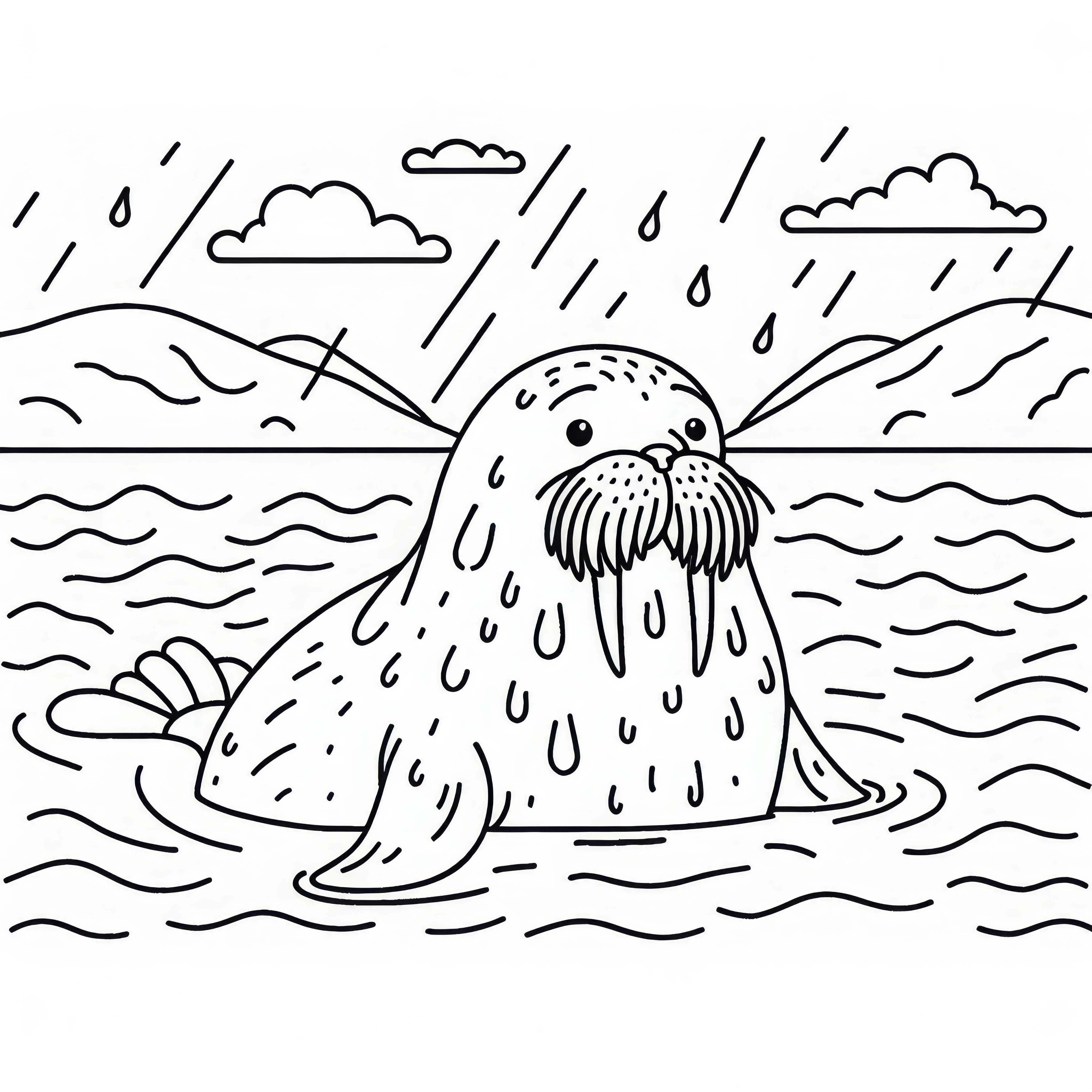 Walrus emerges from the water - Coloring page simple free Walrus surfaces from the water - Free simple coloring page