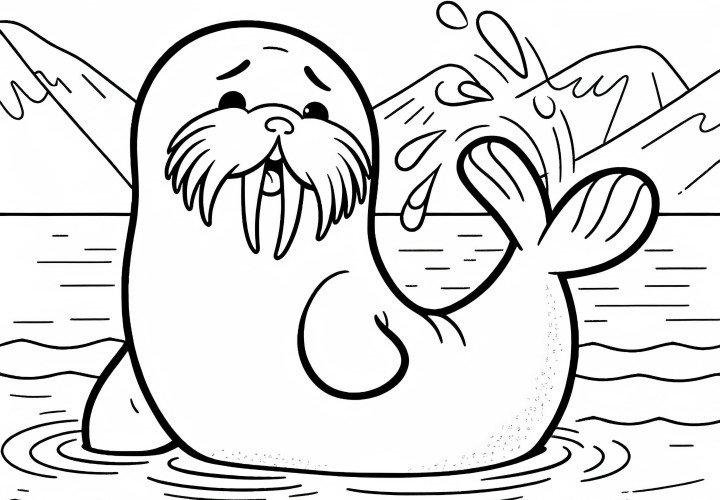 Walrus playfully slaps the water with its flipper – Coloring template free and simple
