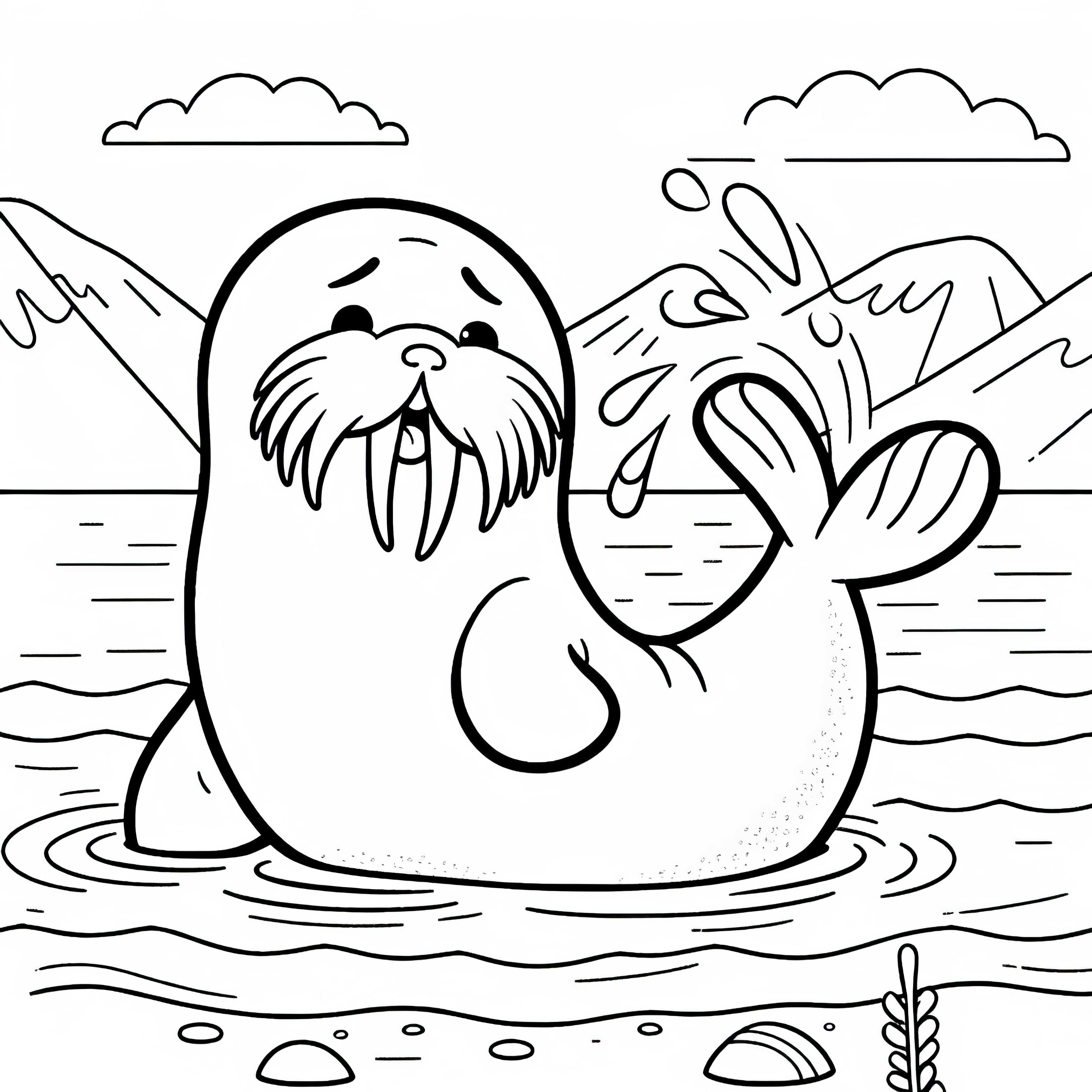 Walrus playfully splashes the water with its flipper – coloring page simple and free Walrus playfully slaps the water with its flipper – Coloring page easy free