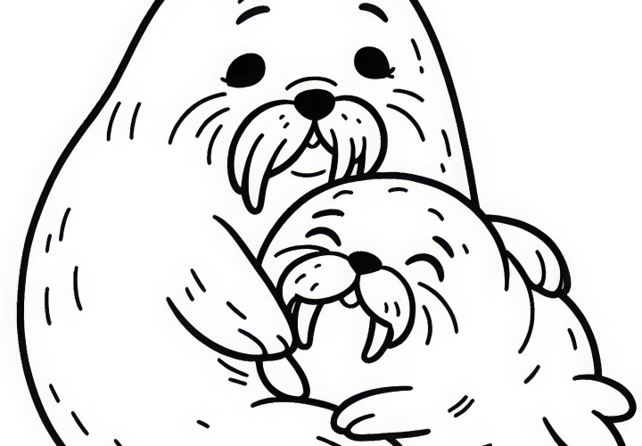 Walrus baby snuggles up to its mother - Coloring page simple and free
