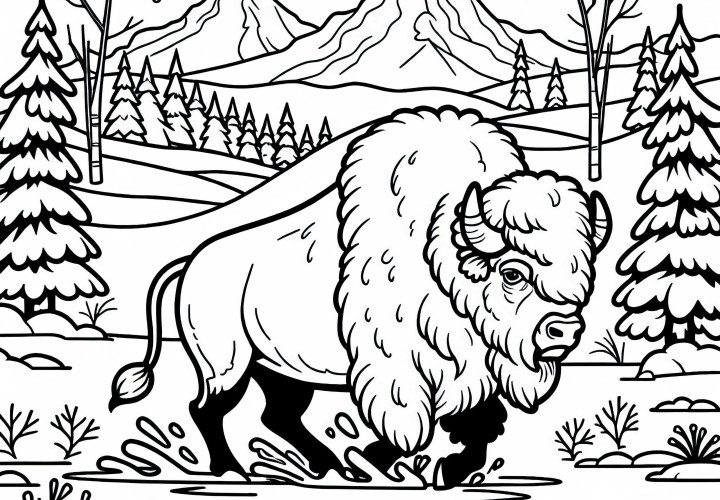 Gewaltiger Bison stampft durch Schneelandschaft – Malvorlage zum Ausmalen