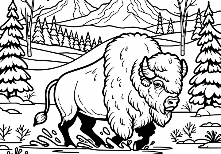 En imponerende bison tråkker gjennom snølandskap – fargeleggingsmal