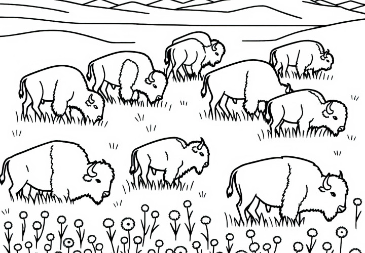 Bisonherde grast friedlich auf Wiese – Malvorlage einfach gratis