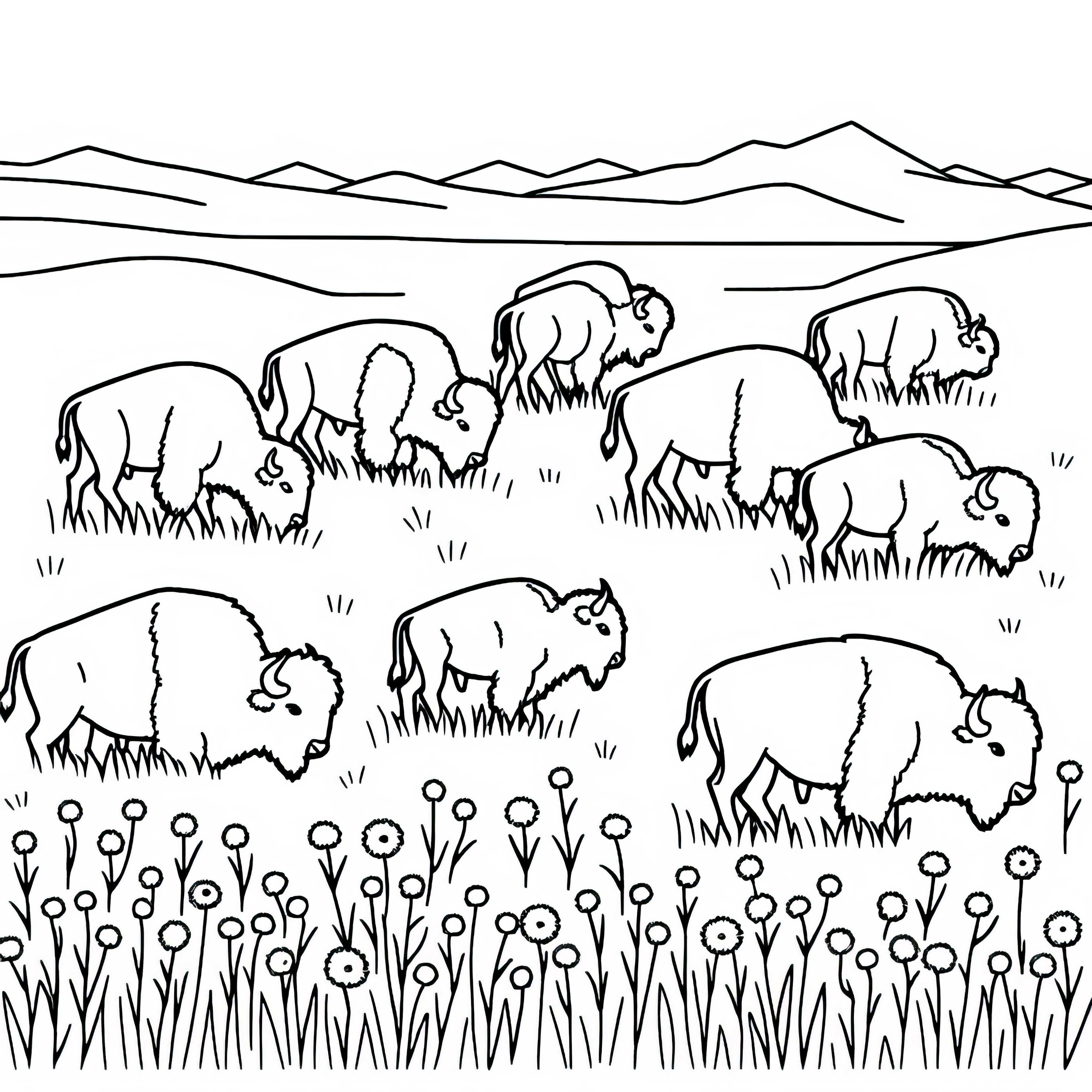 Bisonherde grast friedlich auf Wiese – Malvorlage einfach gratis Bisonherde grast friedlich auf Wiese – Malvorlage einfach gratis