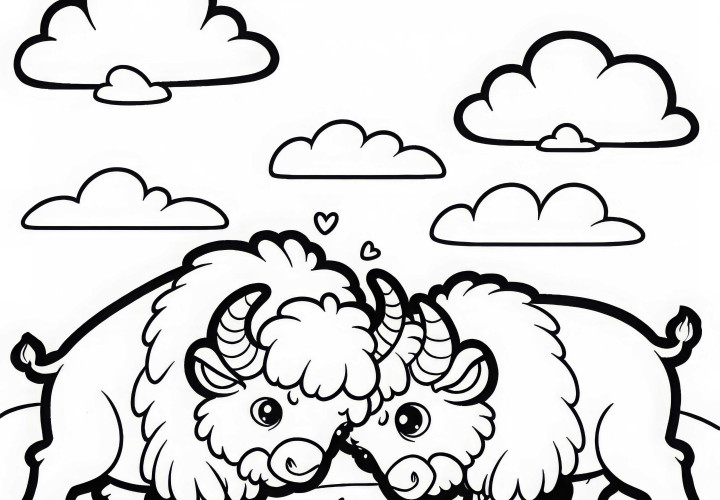 Zwei Bisons stoßen spielerisch mit Hörnern gegeneinander – Malvorlage kostenlos