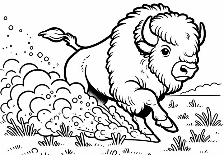 Bison wirbelt Staub auf während es über Prärie rennt – Malvorlage gratis
