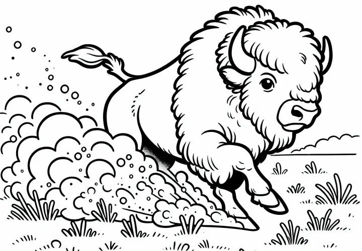 Bison sveiper opp støv mens det løper over prærien - Fargeleggingsmal gratis