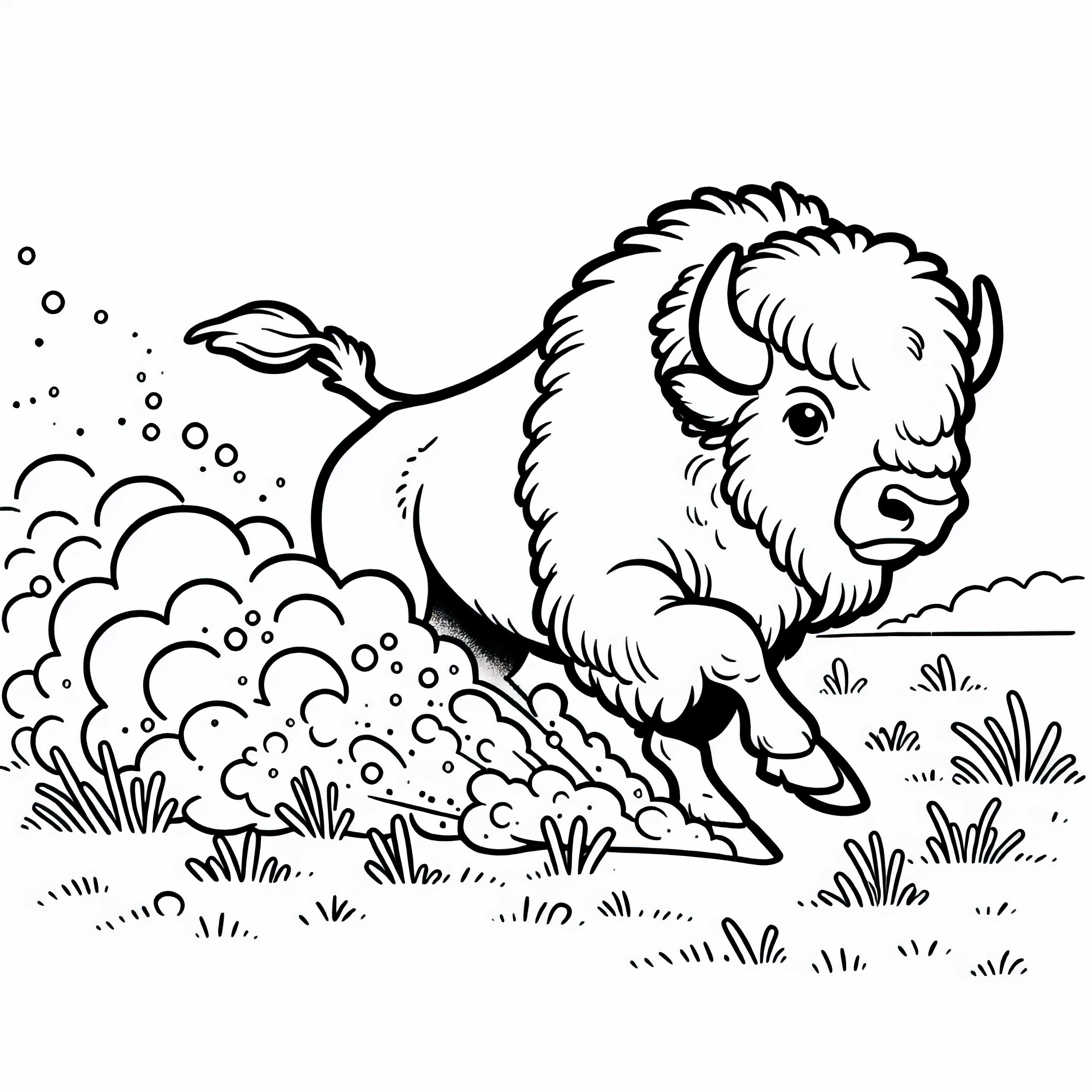 Bison wirbelt Staub auf während es über Prärie rennt – Malvorlage gratis Bison wirbelt Staub auf während es über Prärie rennt – Malvorlage gratis