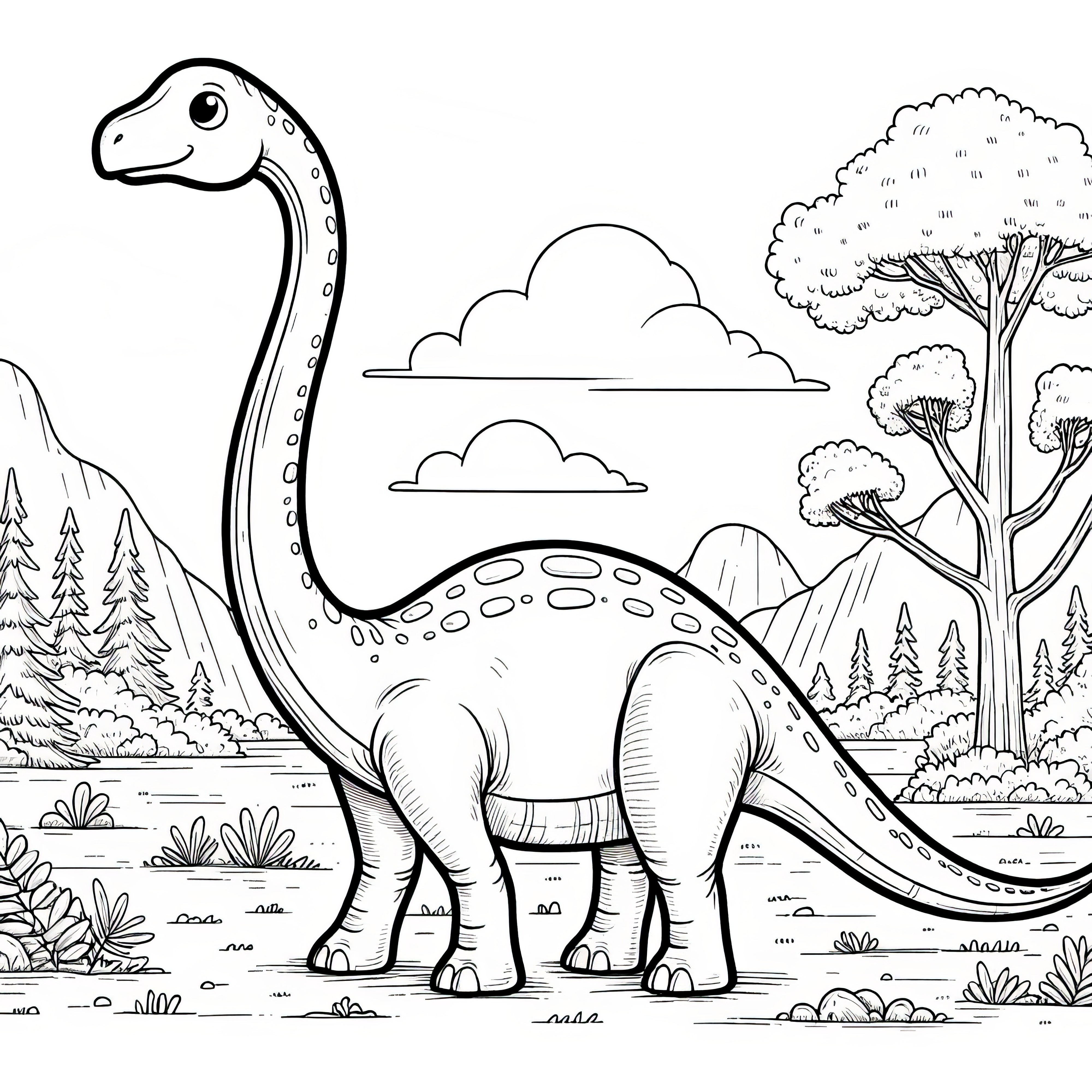 Brachiosaurus в ландшафте с деревьями и горами для раскрашивания