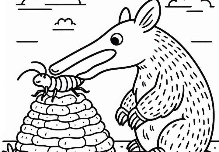 An aardvark by a termite mound - Coloring page Simple Free