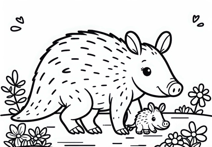 The aardvark baby walks curiously beside its mother – Free coloring page