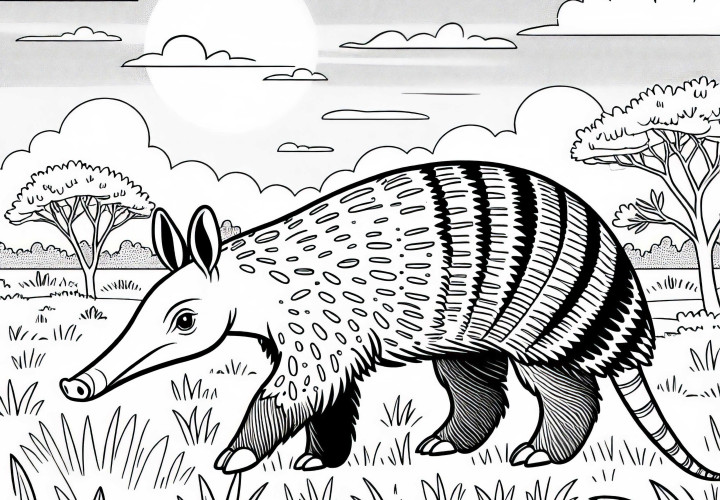 Aardvark walks through the savanna at sunset – Free coloring page