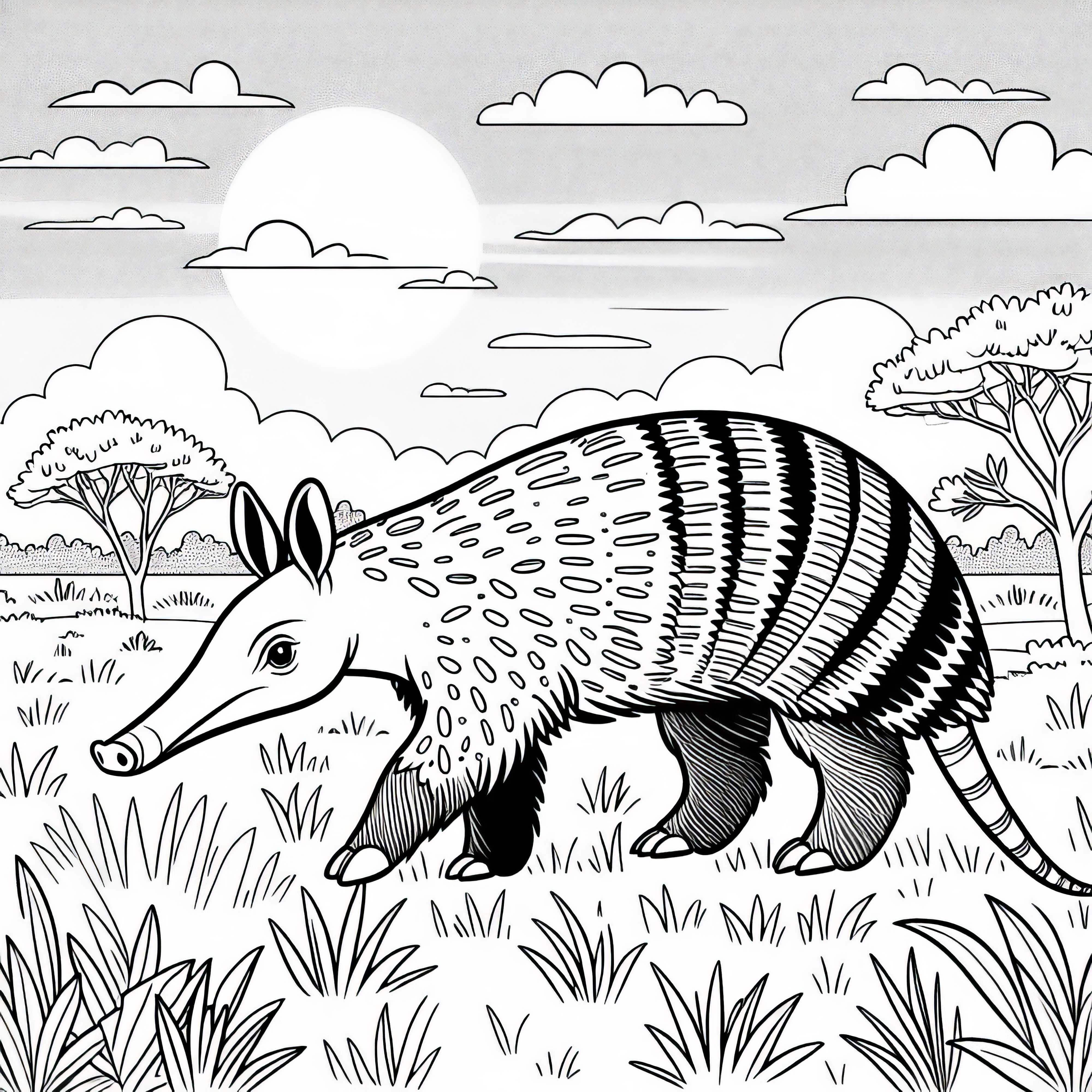 Mravenečník běží savanou při západu slunce – omalovánka zdarma Babočka běží savanou při západu slunce – Omalovánka zdarma