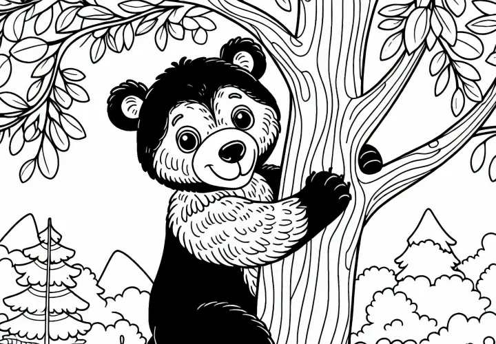 Американский черный медведь залез на дерево – раскраска бесплатно