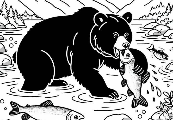 Американский черный медведь ловит лососей – Раскраска доступна для бесплатной загрузки