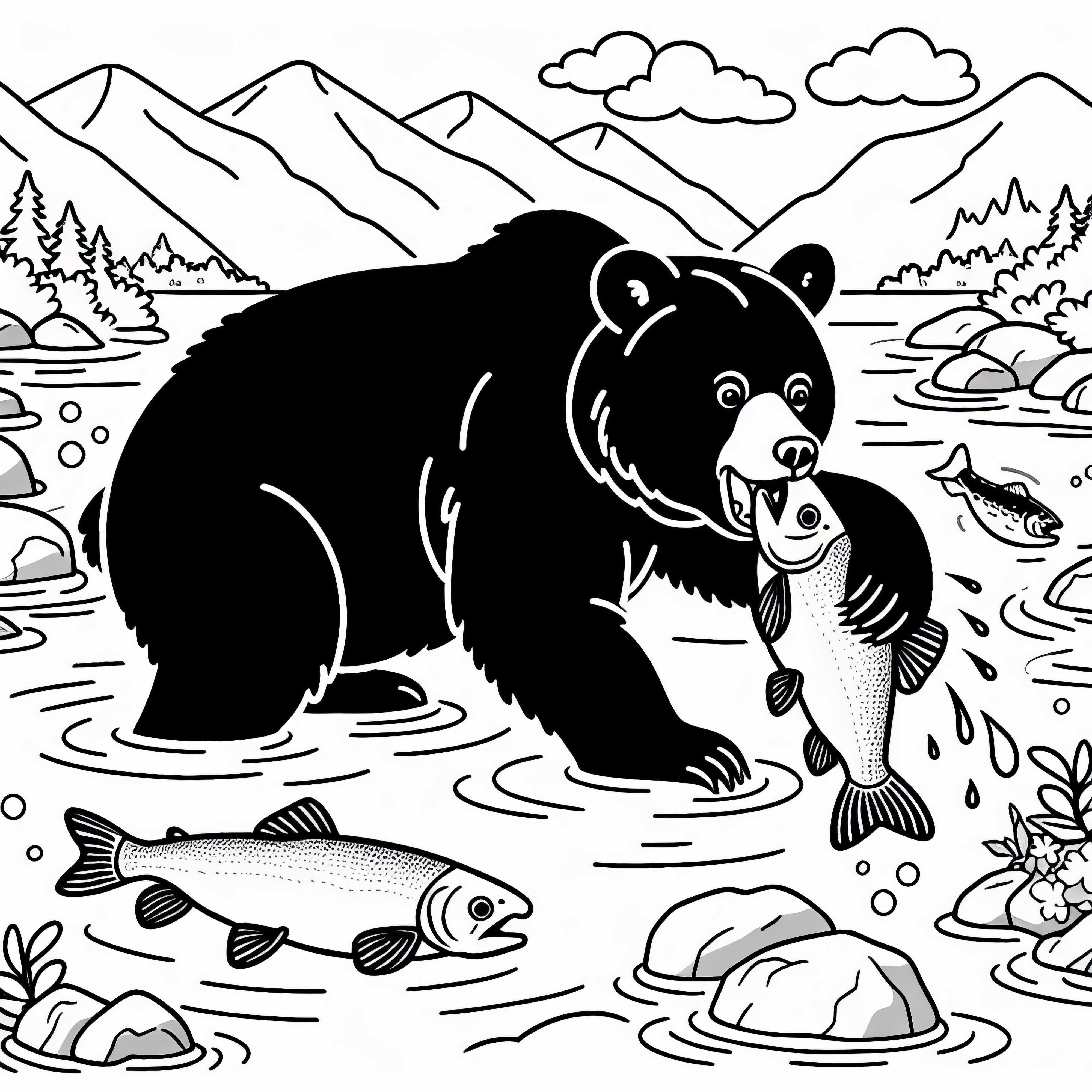 미국 흑곰이 연어를 잡는 모습 – 무료로 색칠할 수 있는 그림 다운로드