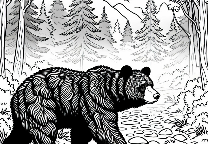 Americký čierny medveď kráča hmlistým lesom - Maľovanka zadarmo