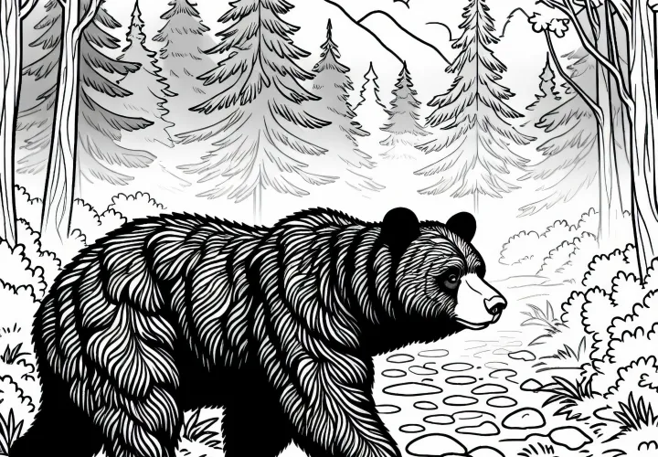 Американский черный медведь бредет по туманному лесу - раскраска бесплатно