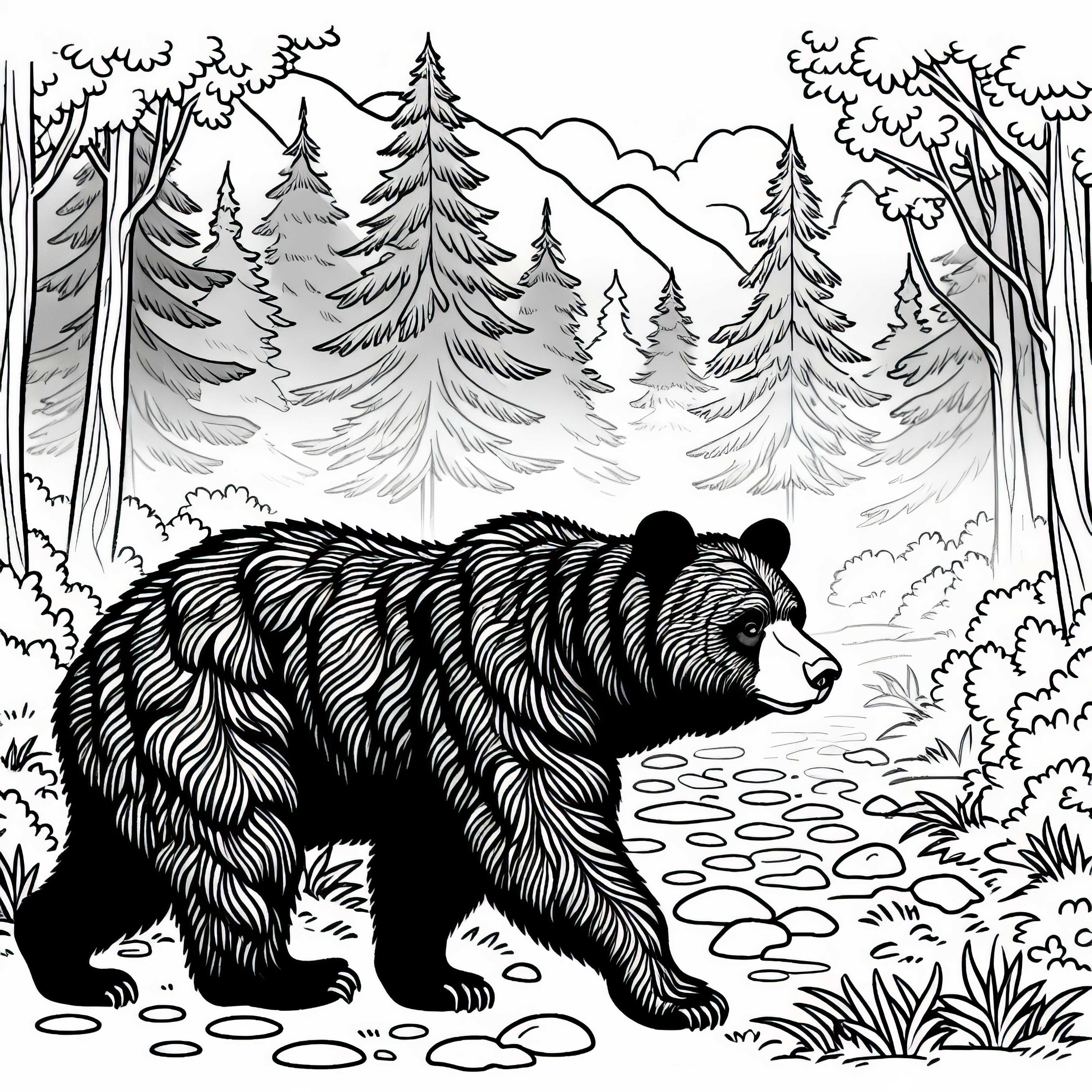 American black bear wanders through foggy forest - Free coloring page American black bear trudges through foggy forest - Free coloring page