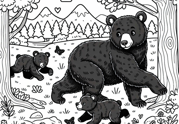 Americký čierny medveď sa hrá s mláďatami na clearingu - bezplatná omaľovánka