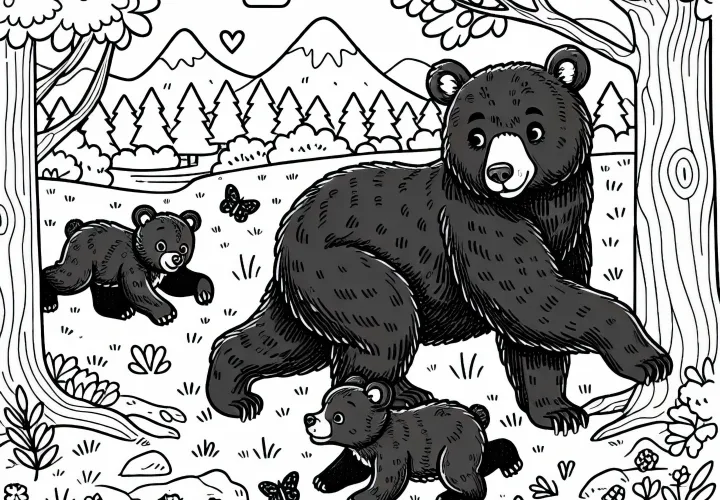 Американский черный медведь играет с медвежатами на поляне – бесплатная раскраска