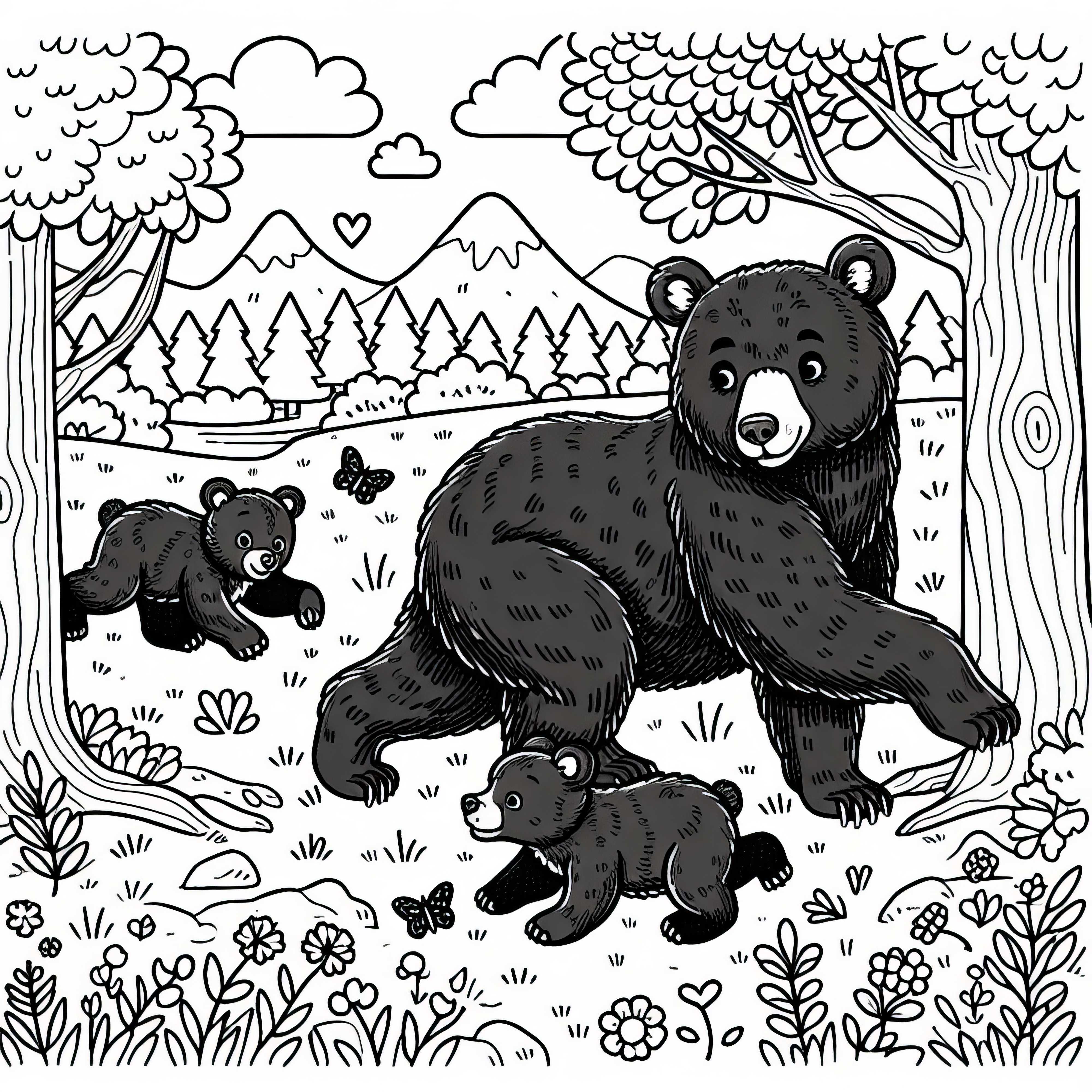 Beruang hitam Amerika bermain dengan anak-anak di padang – Template mewarnai gratis