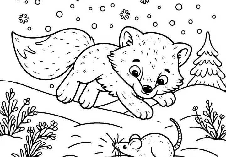 A sarkvidéki róka a levegőbe ugrik, hogy megfogjon egy egeret – Ingyenes színező letöltése